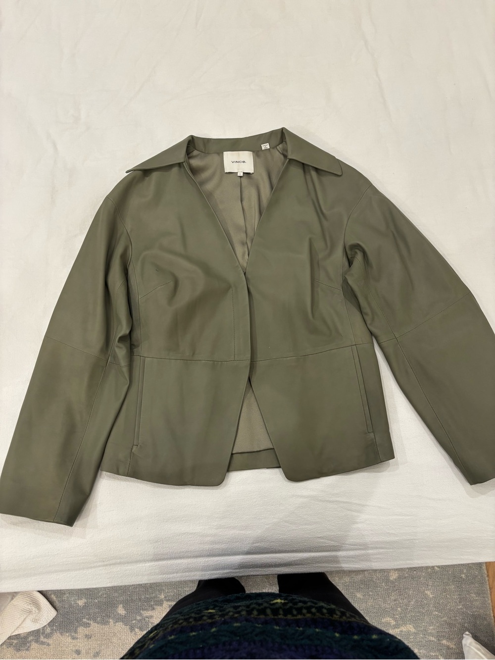 Vince Olive Green Leather Open-Front Blazer